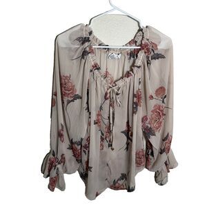 Life Blouse Women's XL Round Neck Sheer 3/4 Sleeve Floral Tie Boho Casual
